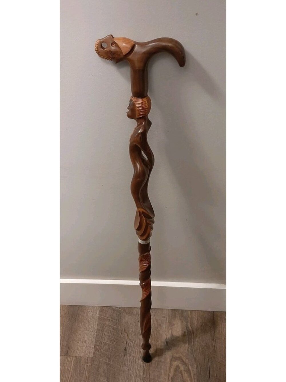 Hand Carved Wooden Walking Stick 33" Head Handle and Carved Figure on Staff